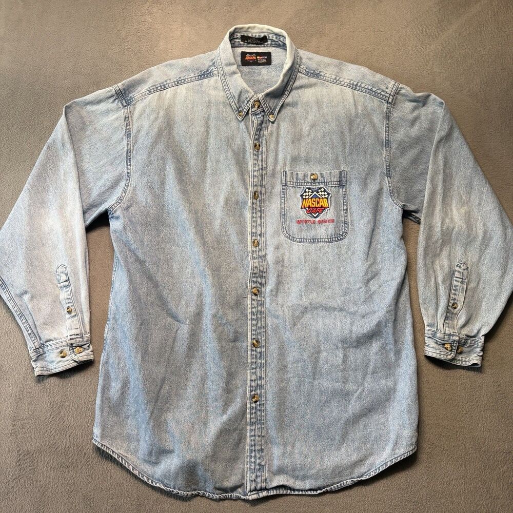 NASCAR Cafe Men XXL Vintage Myrtle Beach Denim Shirt Embroidered Button Down 90s